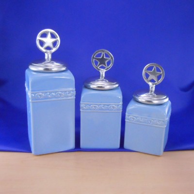 60001BLUE-STAR-SIL-CERAMIC CANISTER SET BLUE W/ STAR SILVER LIDS